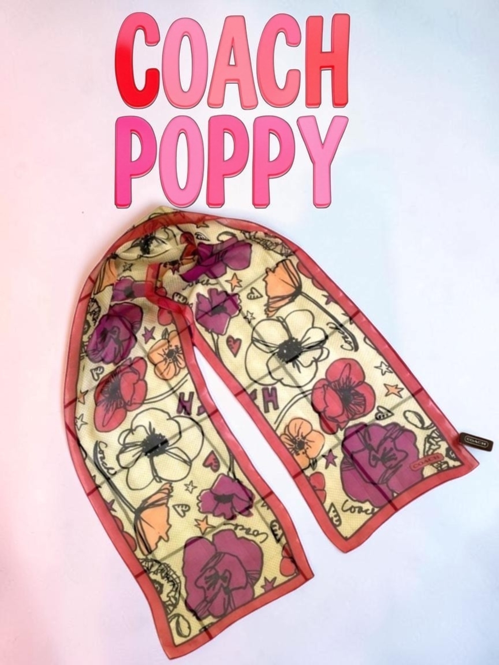Coach Poppy Kyra Graffti Print Floral Oblong Silk Scarf - NWT